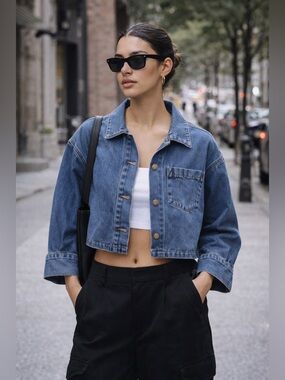 Repeat Cropped Blue Denim Boxy Jacket with Chest Pocket Y2K Boutique Crossover S